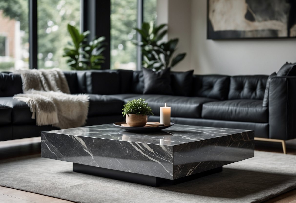 A black and grey marble coffee table sits in a modern living room with sleek decor