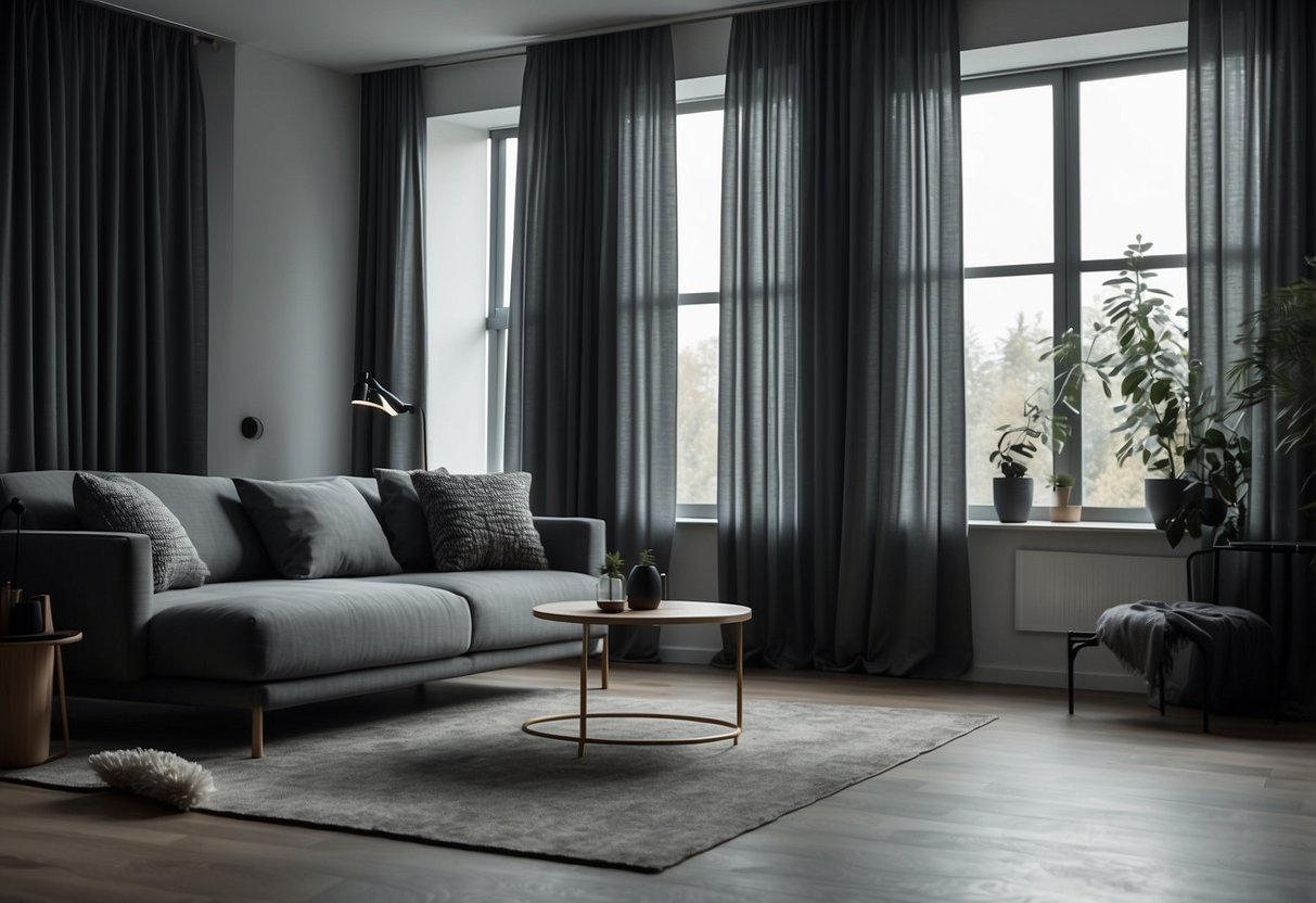 A room with ombre grey curtains, black and grey home decor, minimalist style