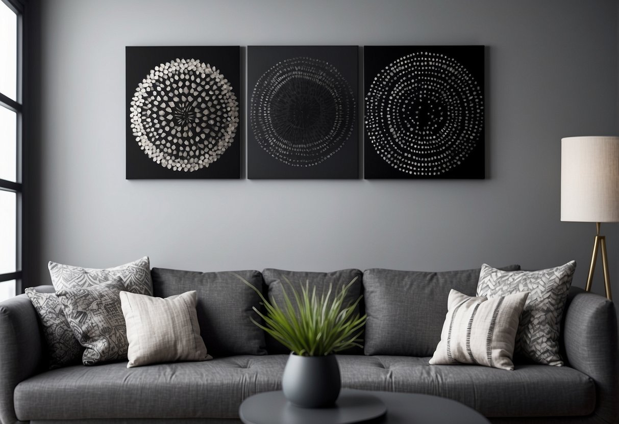 Charcoal throw pillows arranged on a modern grey sofa, with black and white wall art in the background