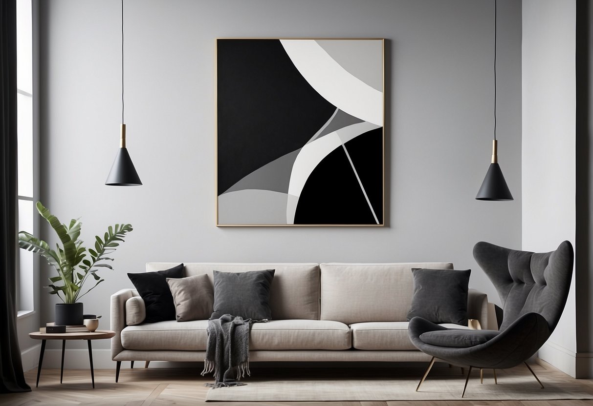 A black and grey abstract painting hanging on a white wall with minimalist furniture and geometric decor