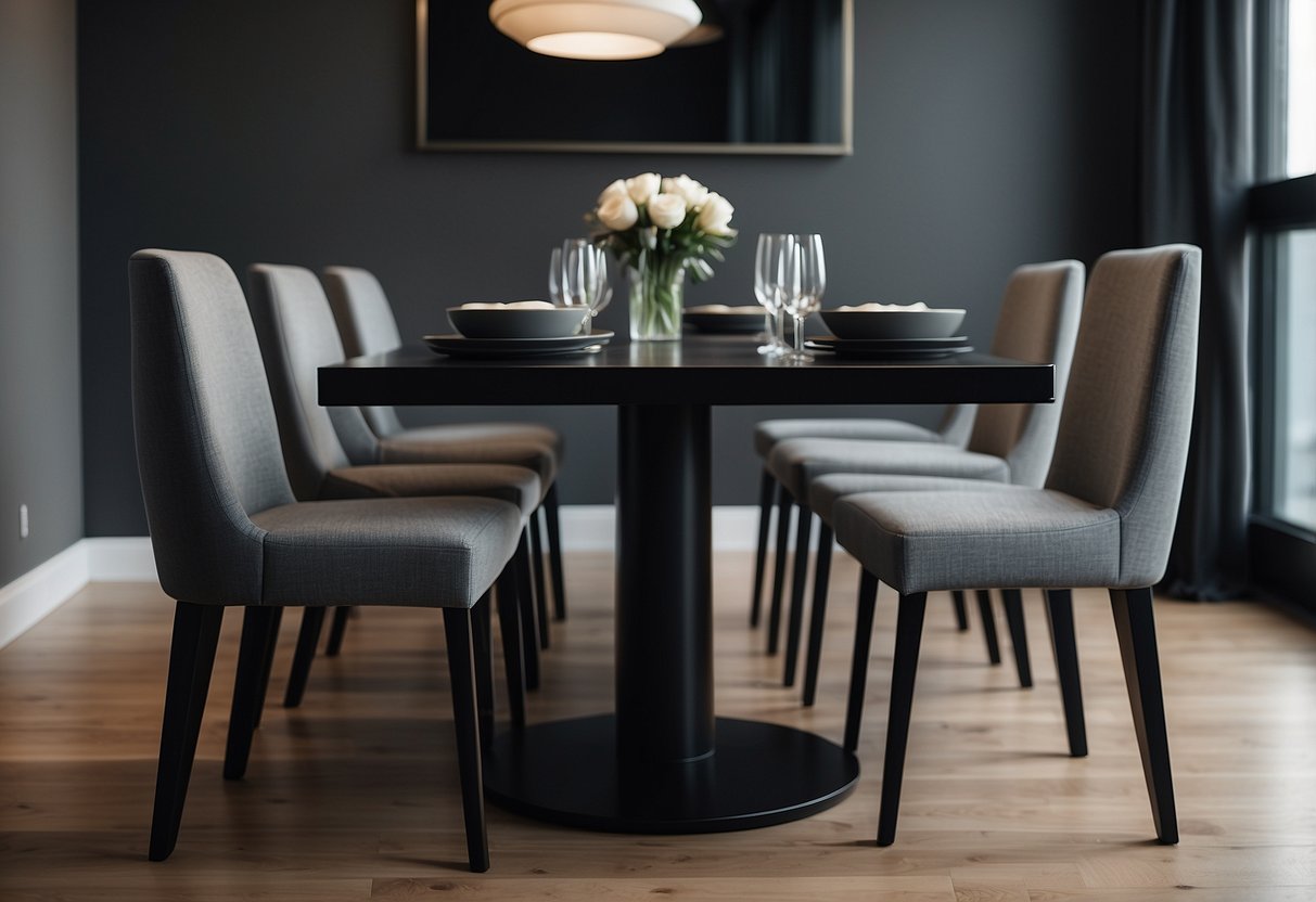 Grey fabric dining chairs around a sleek black table, complemented by grey home decor accents