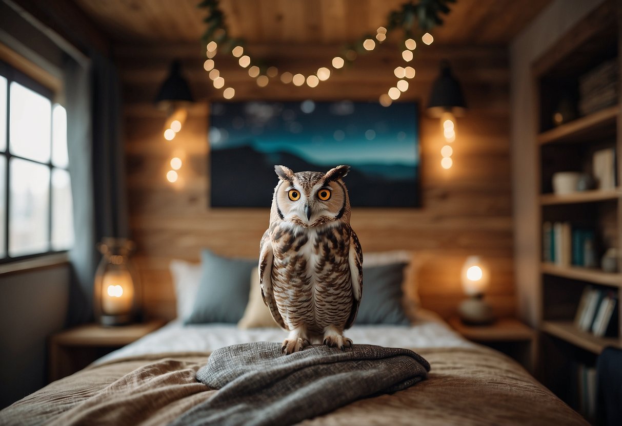 An owl-themed living room with cozy pillows, rustic wooden shelves adorned with owl figurines, and a wall tapestry featuring a majestic owl in flight