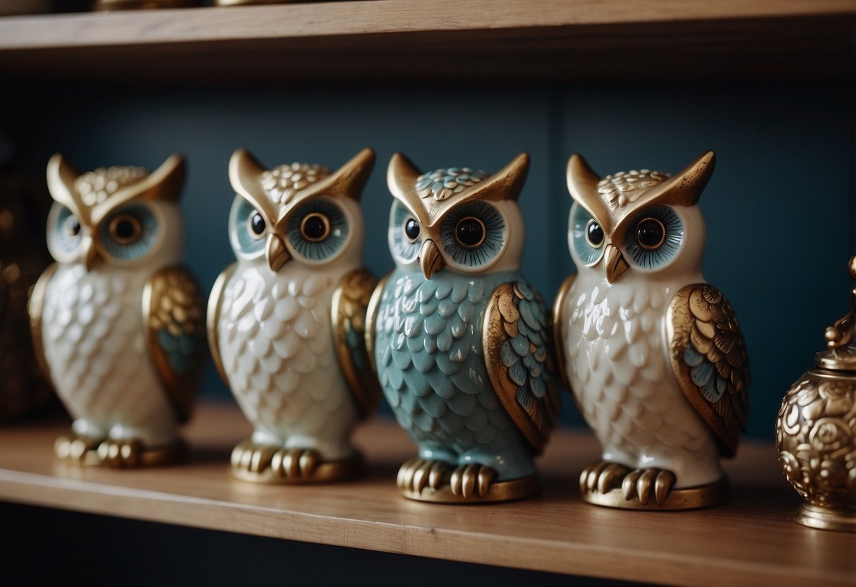 A shelf adorned with ceramic owl statues, adding charm to a cozy home decor setting