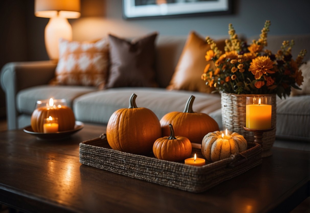 A cozy living room with pumpkins as centerpieces on the coffee table and mantel. Fall-themed throw pillows and warm lighting complete the autumn decor