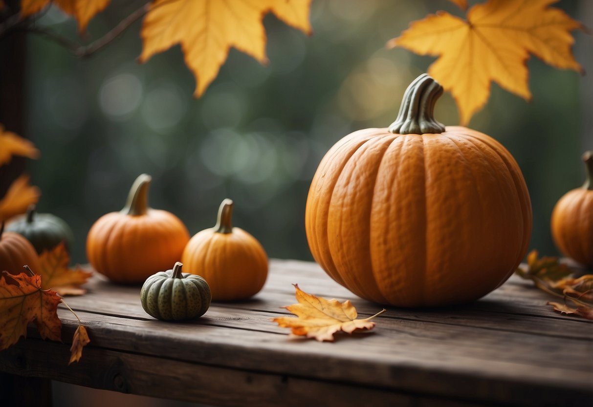 A pumpkin shaped ceramic vase sits on a wooden table, surrounded by autumn leaves and small decorative gourds