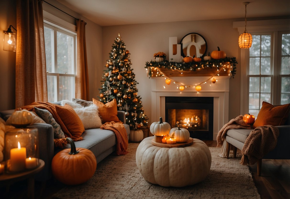 A cozy living room with pumpkin-themed decor, including carved pumpkins, fall-colored throw pillows, and warm string lights