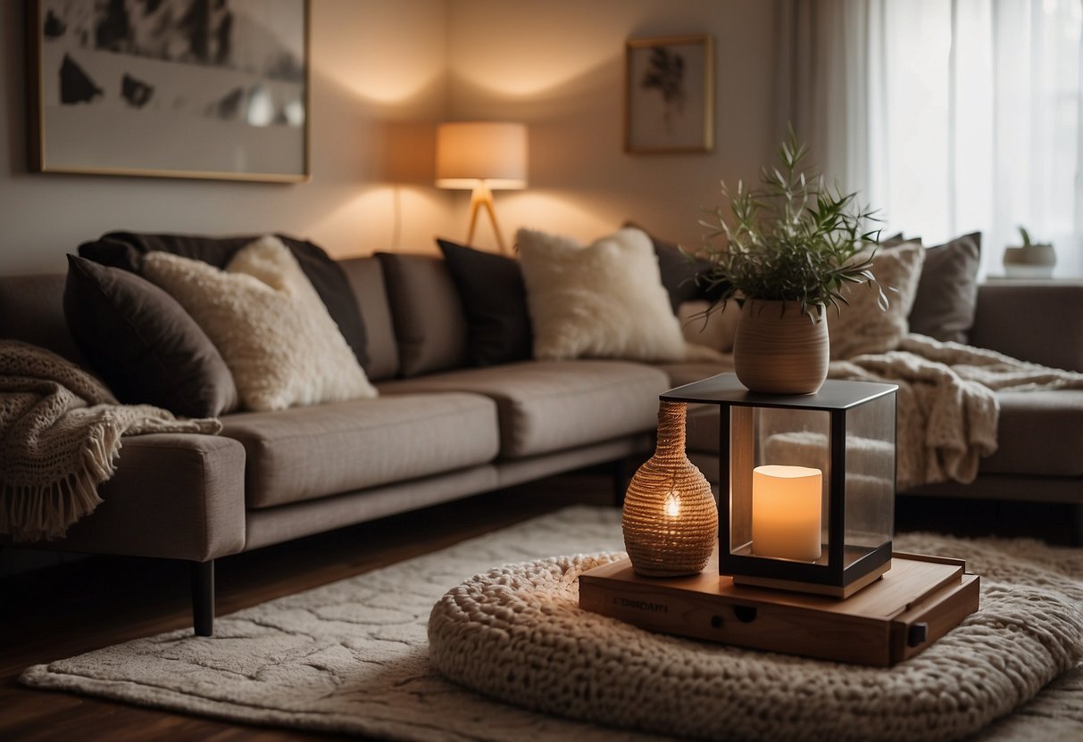 A cozy living room with a plush rug, soft throw blankets, and a collection of decorative pillows on a comfortable sofa. A warm glow emanates from a stylish table lamp, casting a welcoming atmosphere