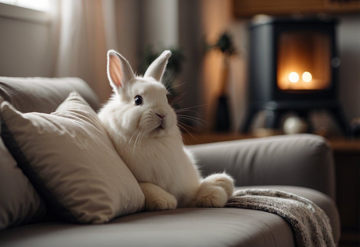 A cozy living room with a fluffy bunny throw pillow on a comfy couch, surrounded by other adorable home decor items