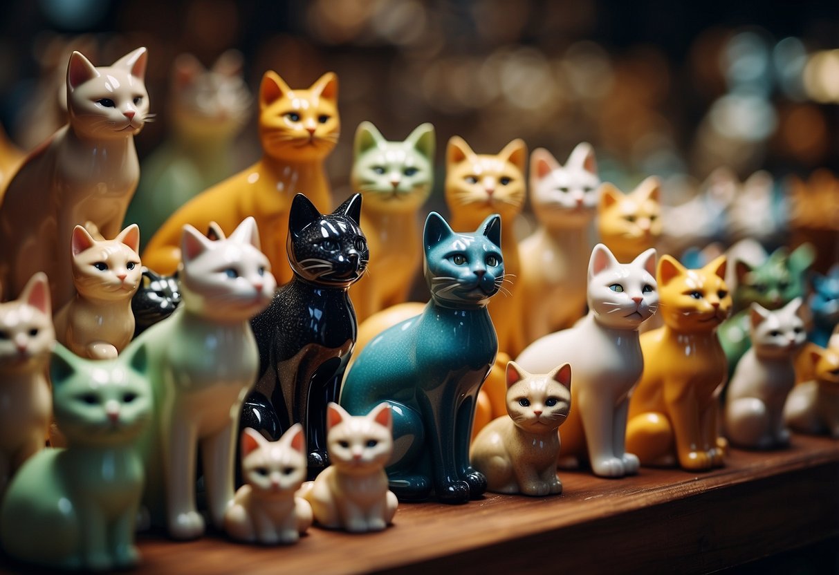 A shelf filled with ceramic cat figurines, varying in size and color, arranged in a playful and charming display