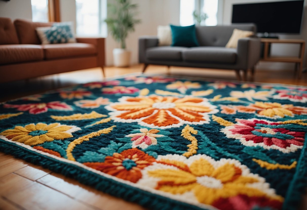 A colorful floral patterned rug sits in the center of a cozy living room, adding a pop of color and charm to the space