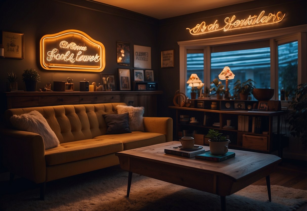 A vintage neon sign glows in a cozy living room, surrounded by retro home decor items like vinyl records and mid-century furniture