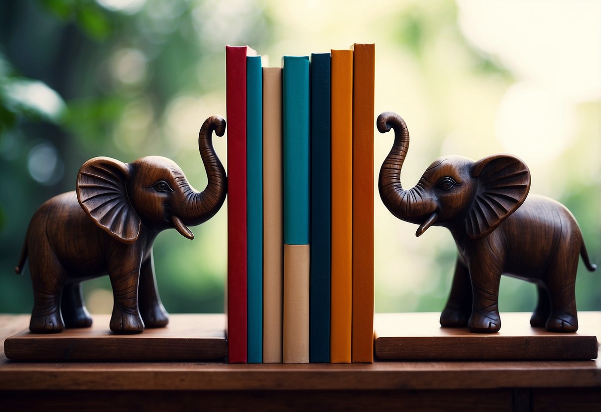 Two wooden elephant bookends sit on a shelf, holding up a row of colorful books