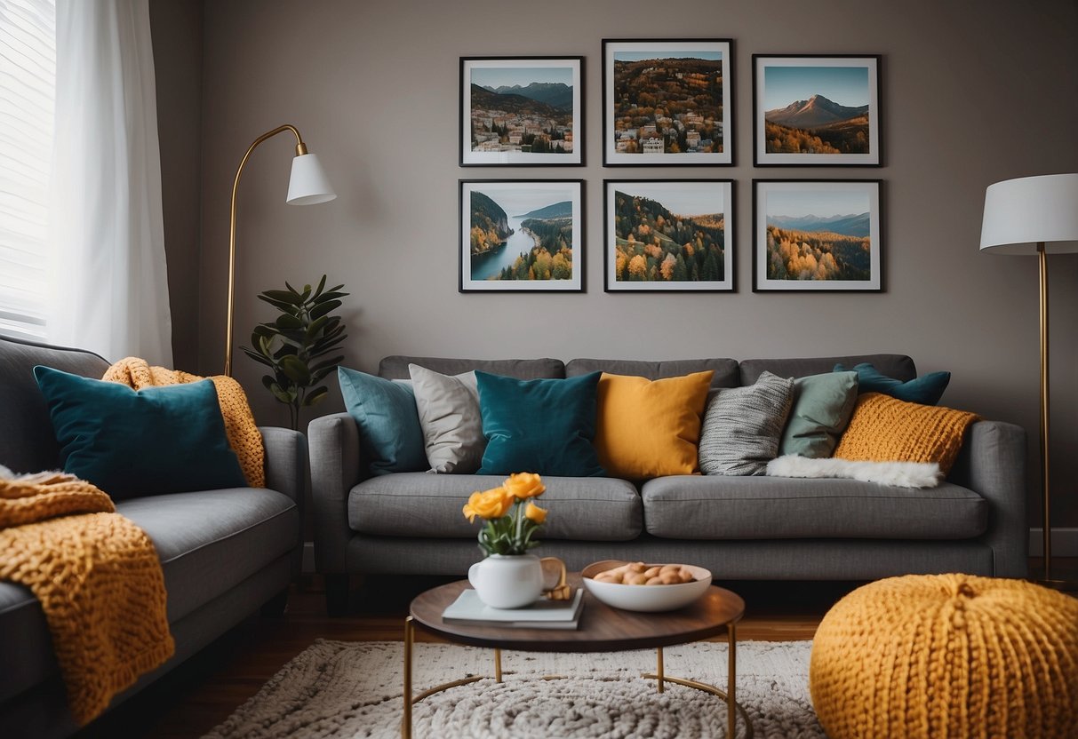 A cozy living room with colorful throw pillows, a knitted blanket draped over the couch, and a gallery wall of family photos and artwork