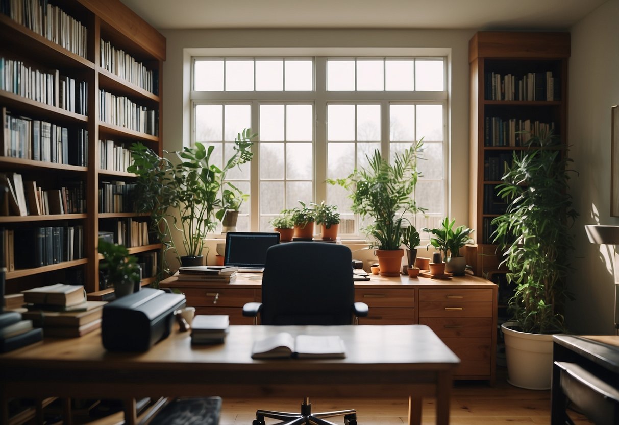 A cozy home office with a large wooden desk, stylish ergonomic chair, bookshelves, potted plants, and natural light streaming in through a window