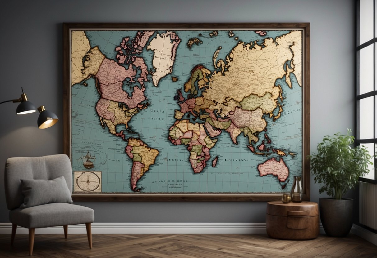 A vintage map of the UK hangs on the wall, framed in dark wood. The map is surrounded by antique globes and compasses, creating a sophisticated home office decor