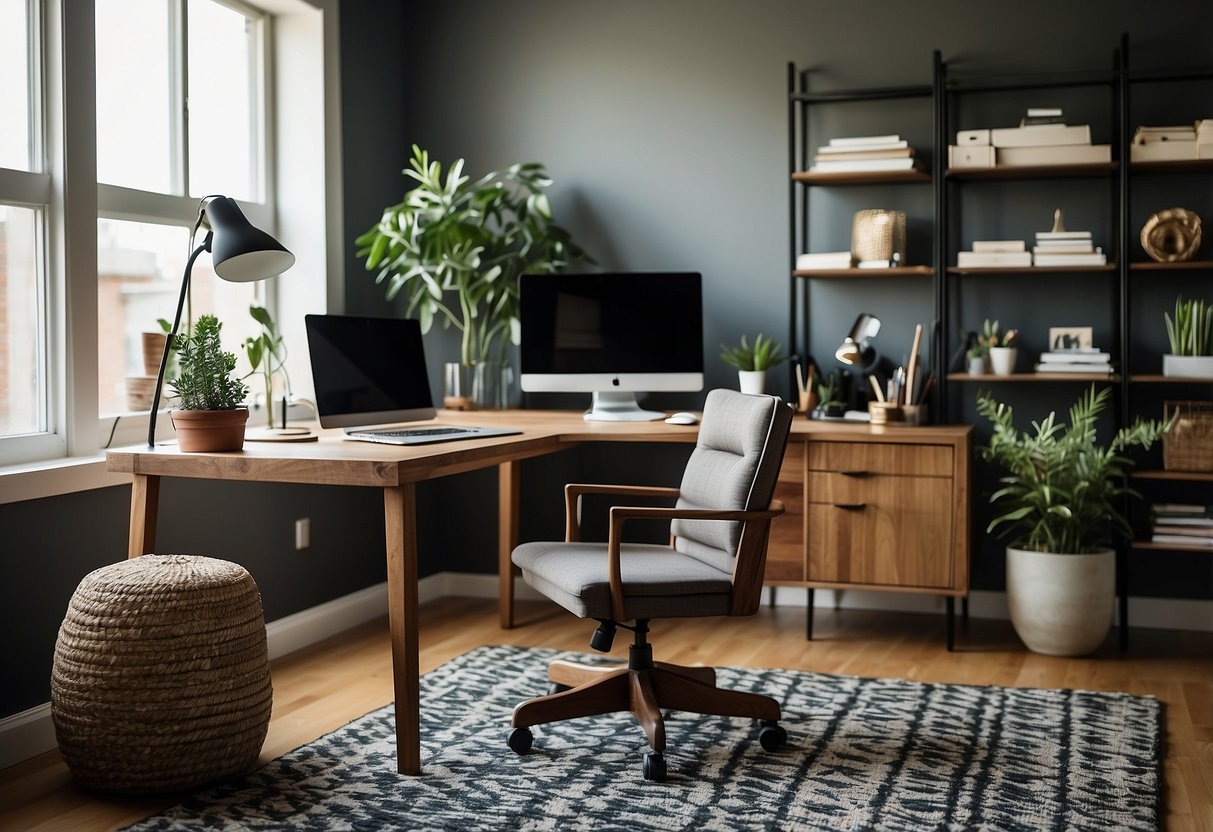 A home office with a modern desk and chair, featuring geometric patterned rugs in various sizes and colors