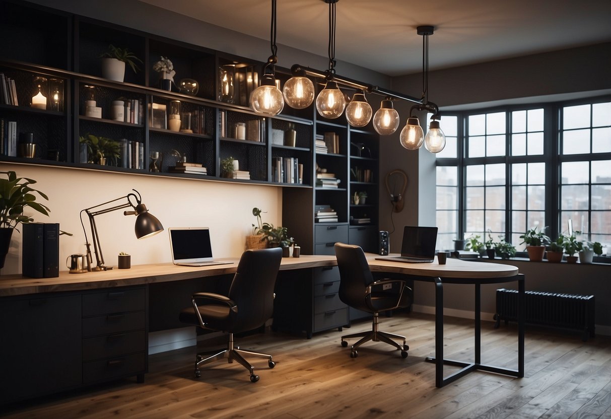 A UK home office with industrial-style pendant lighting, featuring exposed bulbs and metal fixtures, creating a modern and minimalist decor