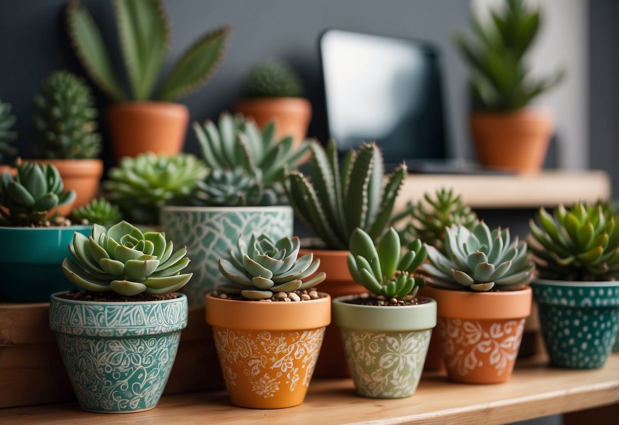 Lush succulents in vibrant hand-painted pots adorn a UK home office, adding a touch of natural beauty to the workspace