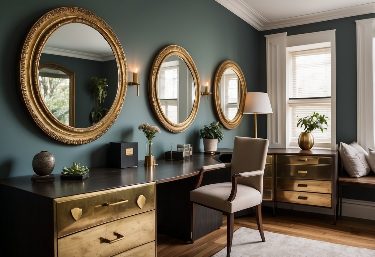 Several antique brass wall mirrors hang in a stylish UK home office, adding a touch of elegance to the decor