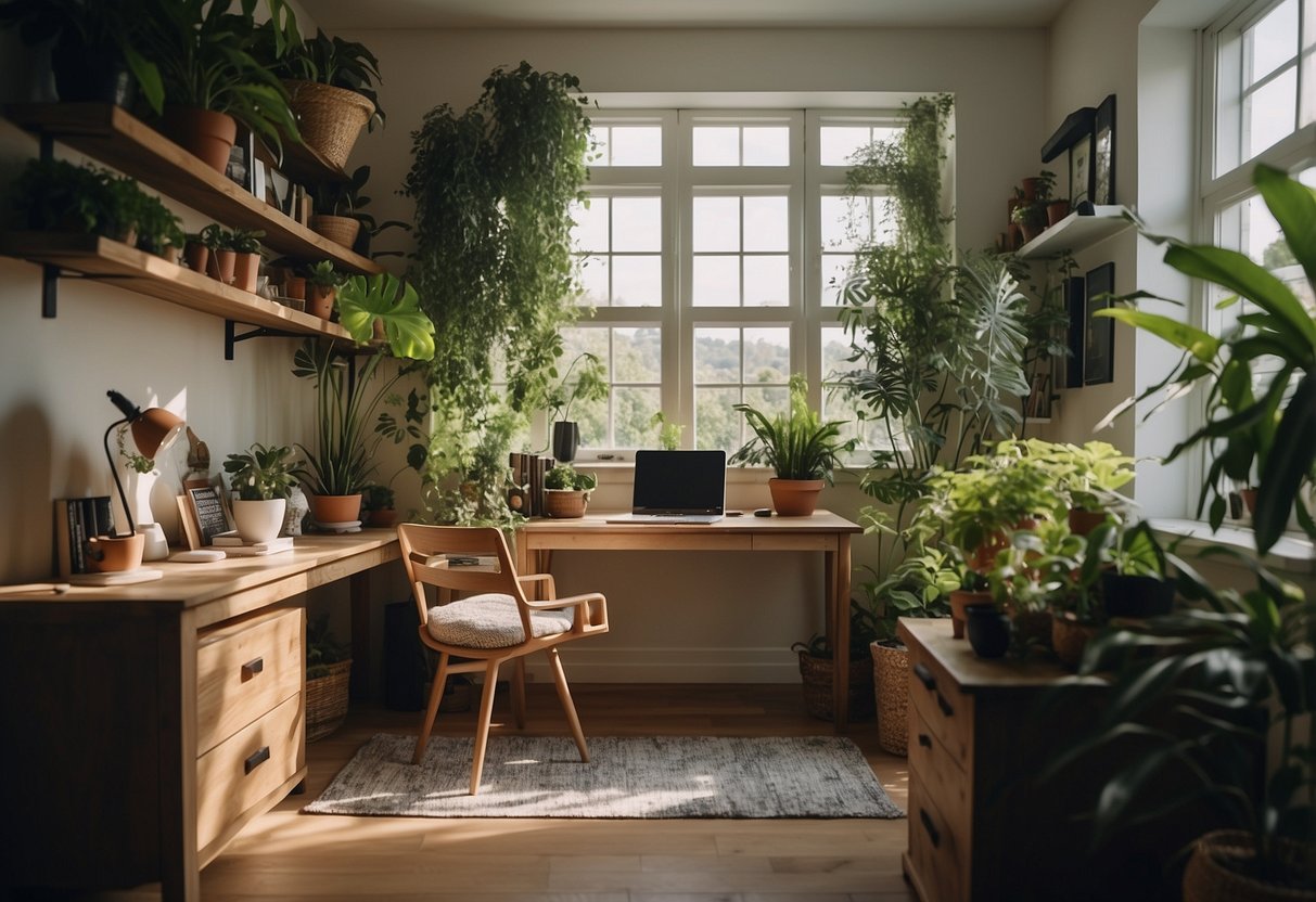 A cozy home office with botanical prints on the walls, a desk with potted plants, and natural light streaming in through the window