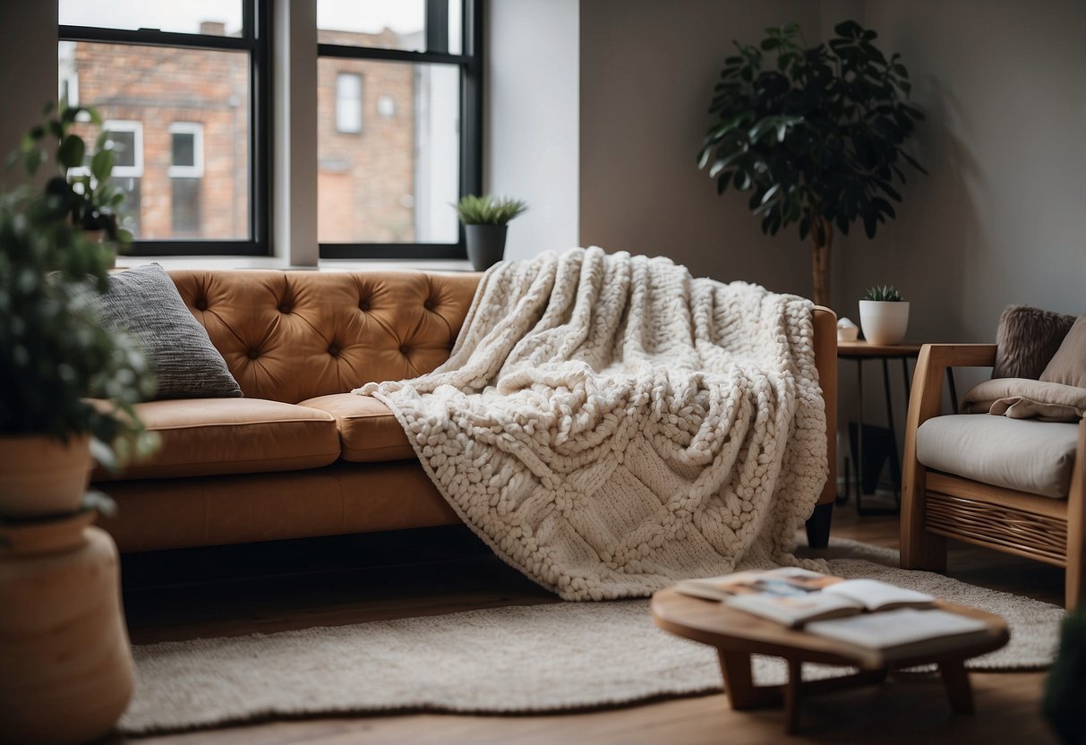 A cozy living room with a textured throw blanket draped over a sofa, adding warmth and style to a UK home office decor