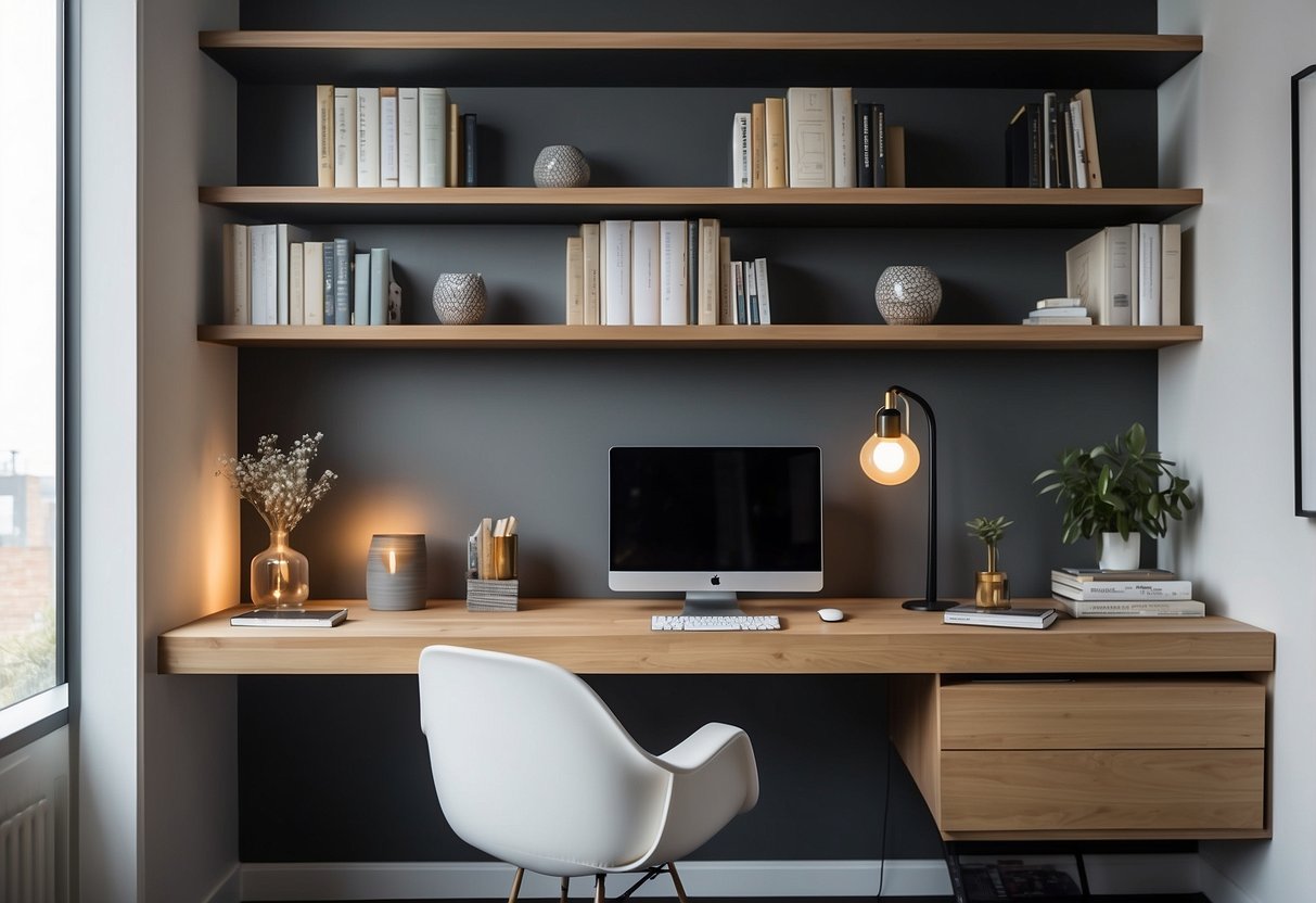 A sleek home office with bespoke floating shelves showcasing books and decorative items. Clean lines and modern design create a minimalist yet functional workspace