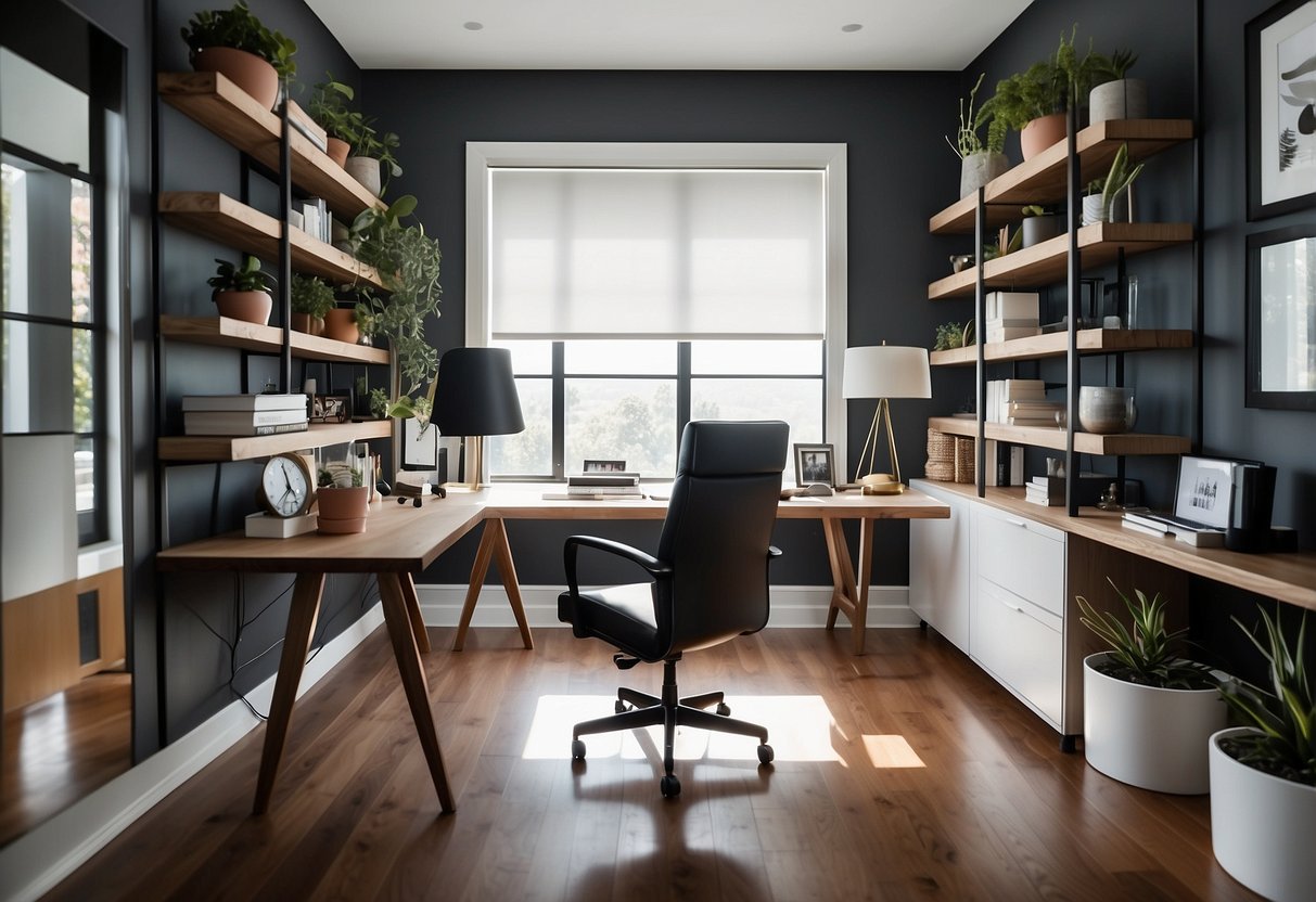 A modern home office with sleek furniture, minimalist decor, and pops of color. Clean lines, organized shelves, and natural light create a stylish and functional workspace