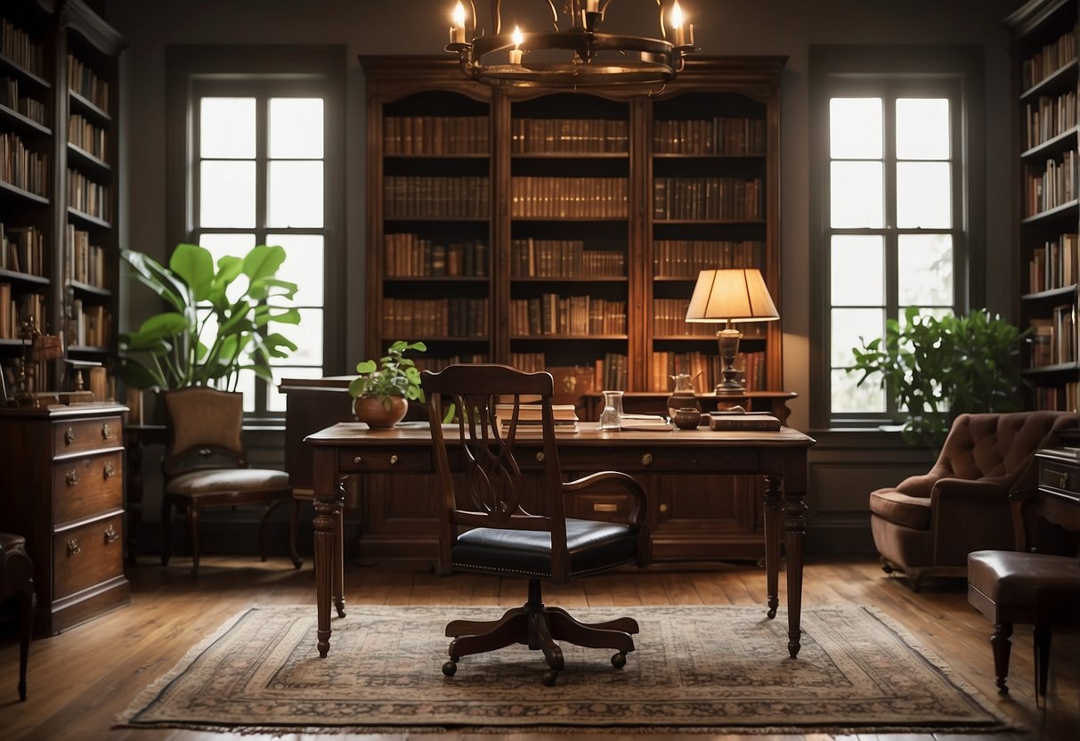 A cozy home office with a classic wooden desk, a vintage leather chair, a bookshelf filled with antique books, and a traditional patterned rug