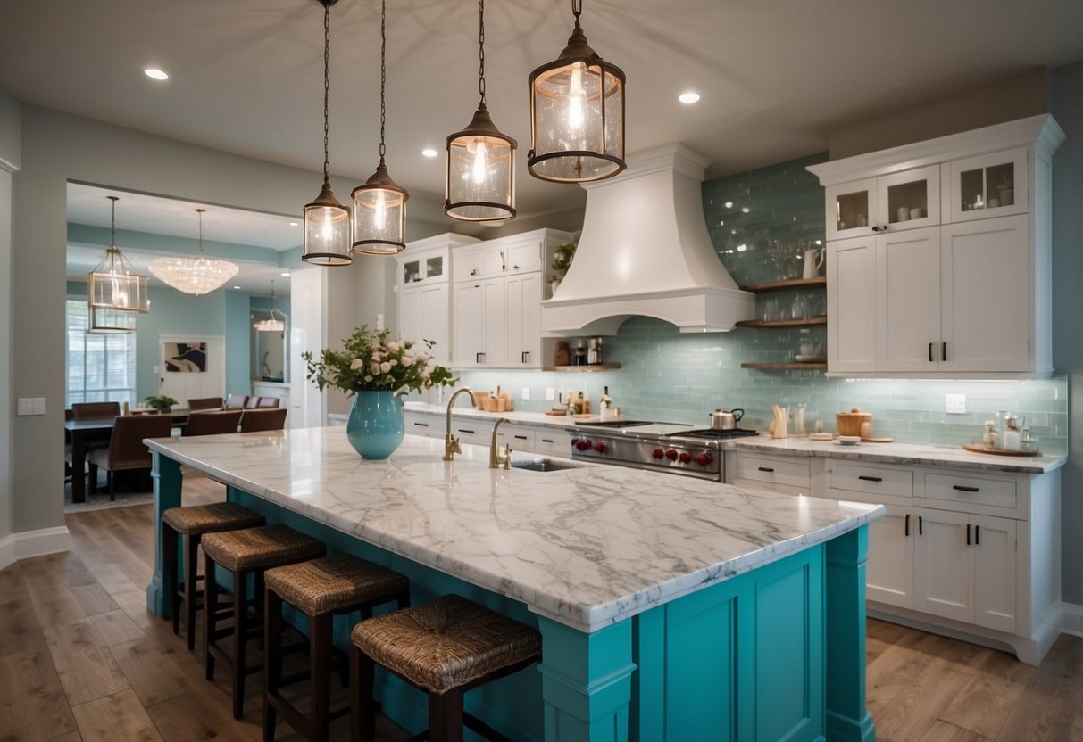 Aqua kitchen decor: white cabinets, aqua backsplash, marble countertops, and a light wood floor. Glass pendant lights hang above the island