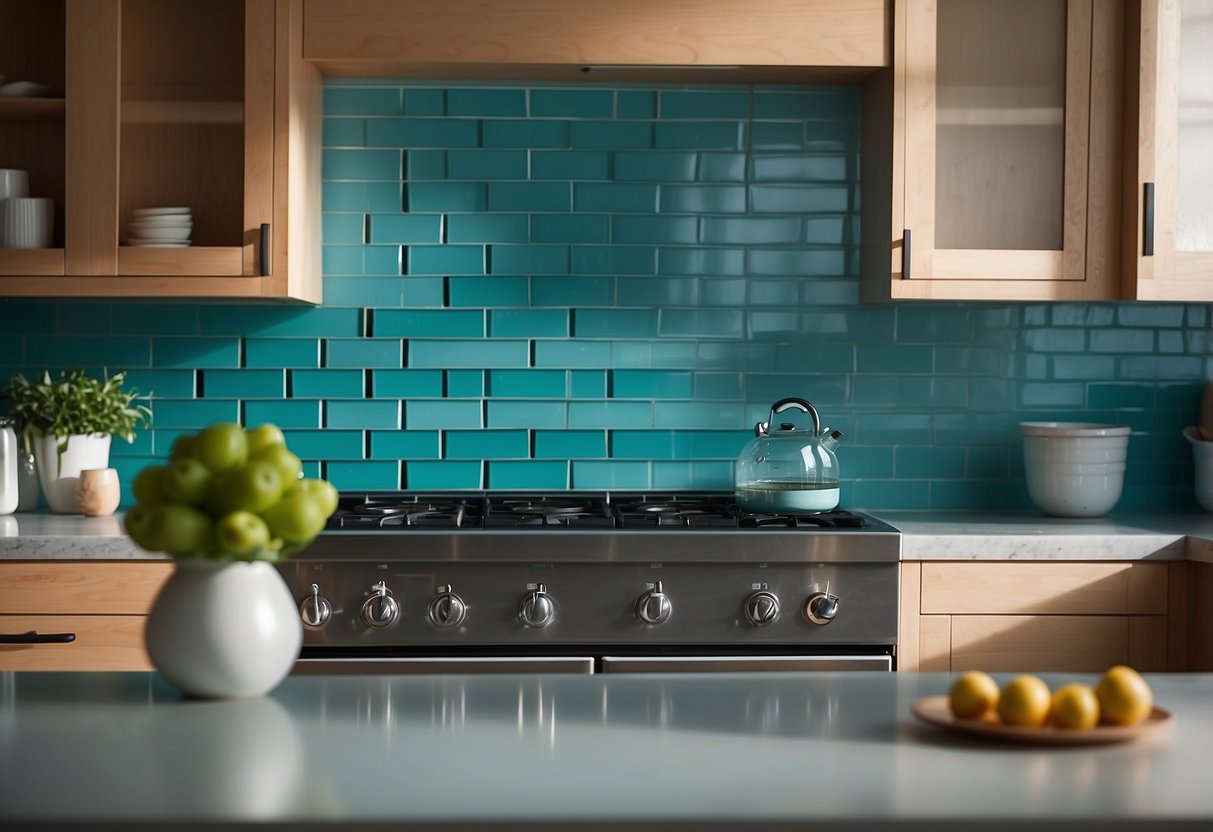 Teal backsplash tiles shine in a modern kitchen, complementing the aqua decor