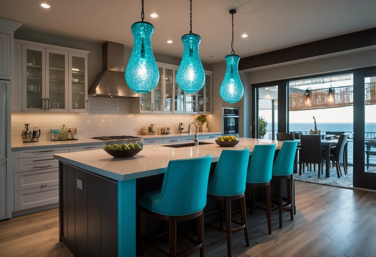 Three hanging turquoise pendant lights illuminate a modern aqua kitchen with sleek decor