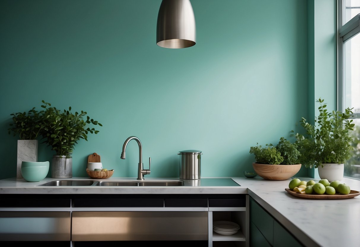 Seafoam green wall paint adorns a modern kitchen, complemented by aqua decor accents