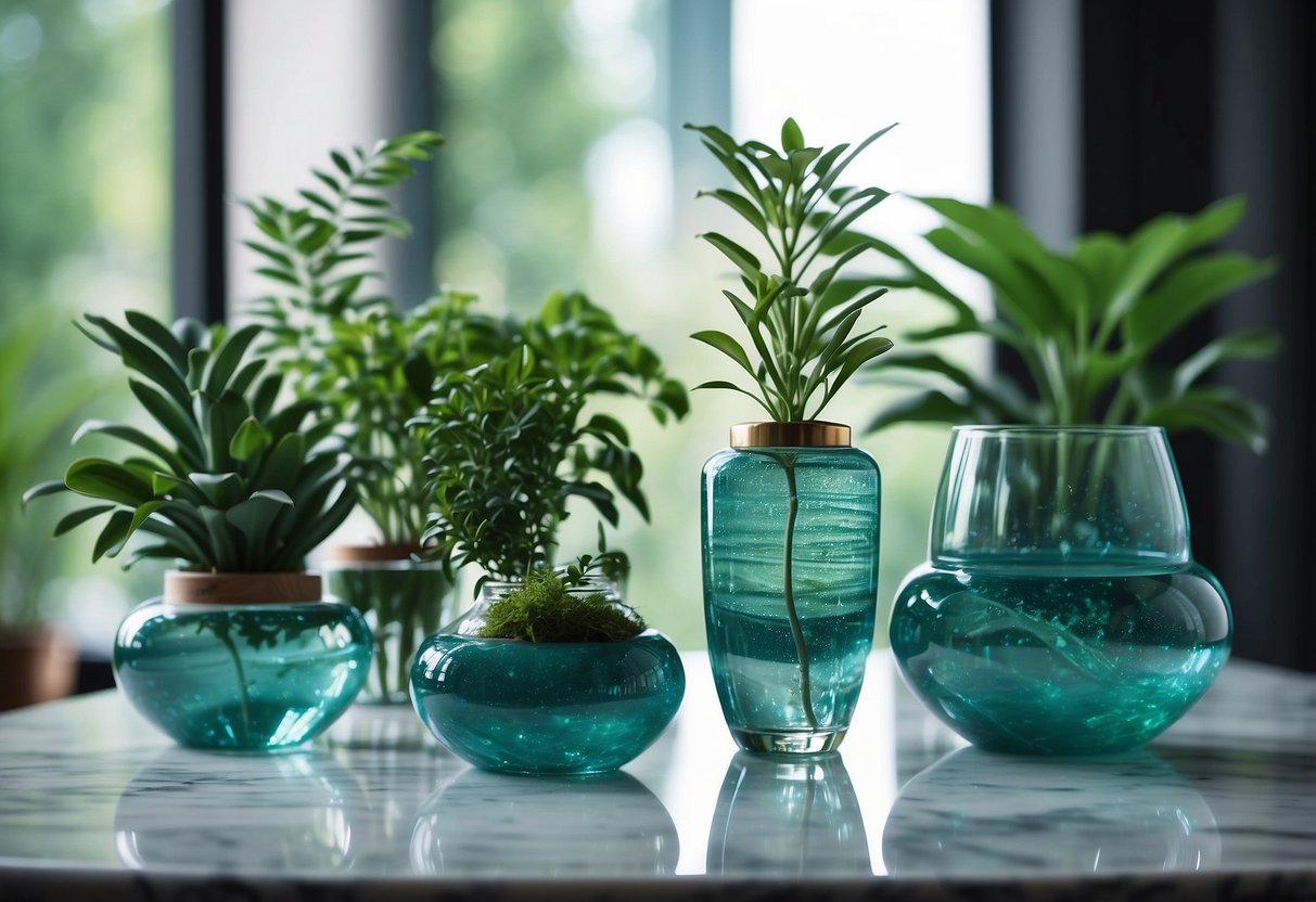 Aqua glassware set arranged on a marble countertop with green plants in the background