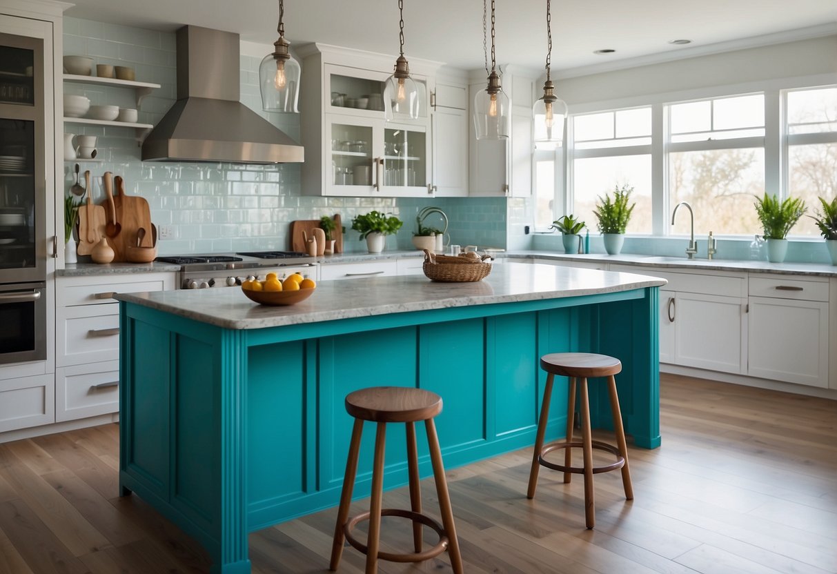 A lagoon blue kitchen island stands in a bright, airy kitchen. Aqua decor accents add a pop of color to the space