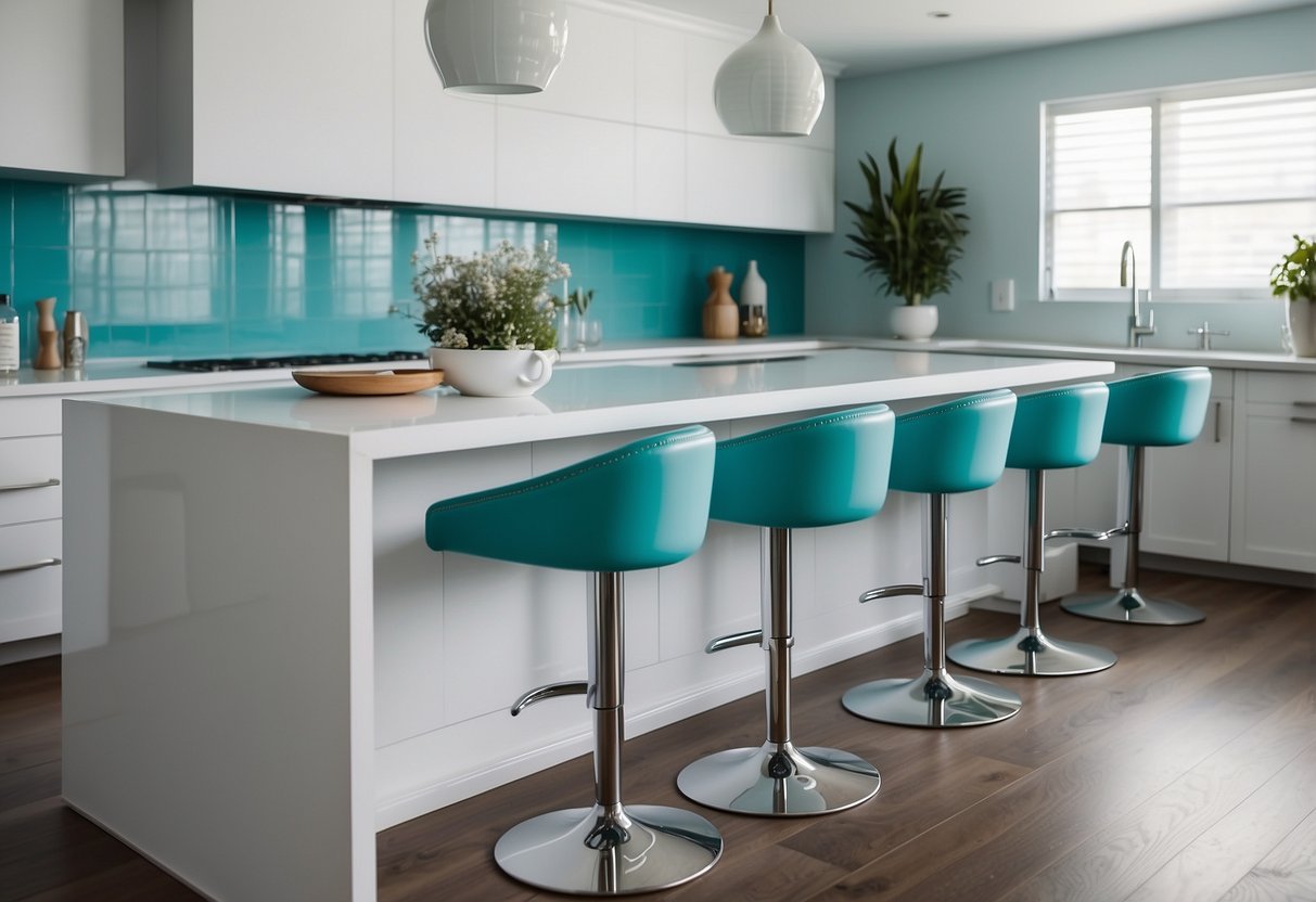 A row of sleek aqua-colored bar stools sits against a white kitchen island, adding a pop of color to the modern decor