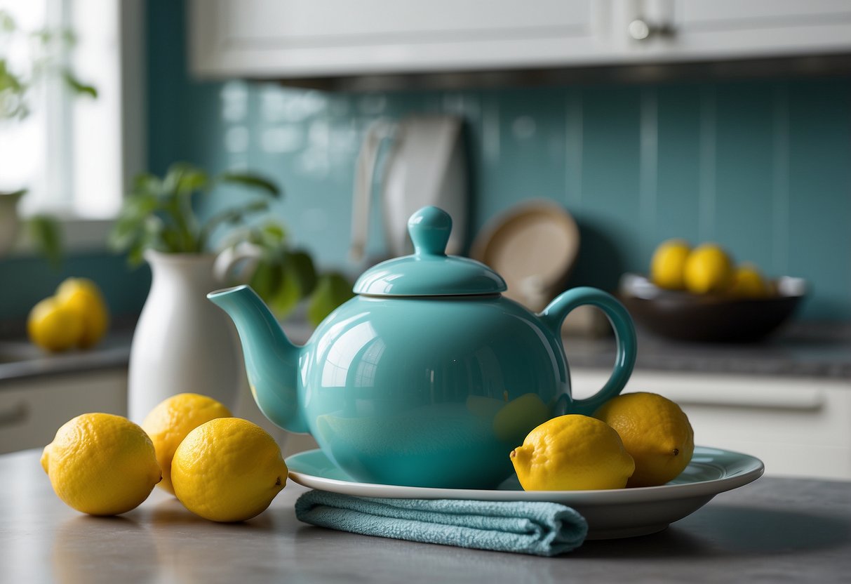 Aqua-colored kitchen accessories arranged on a white countertop, including a teapot, utensil holder, and dish towels. A bowl of lemons adds a pop of contrasting color