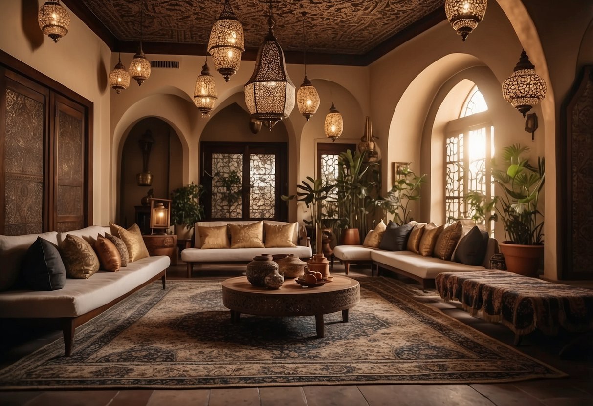 A traditional Arabic home with ornate rugs, mosaic tiles, and intricate lanterns, creating a warm and inviting atmosphere