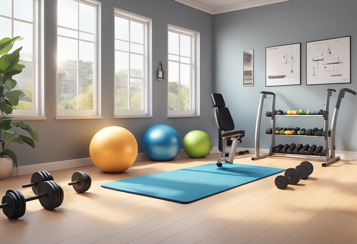 A workout mat with a timer set to 11 minutes, surrounded by various exercise equipment such as resistance bands, dumbbells, and a stability ball. An open space with natural lighting and motivational posters on the wall