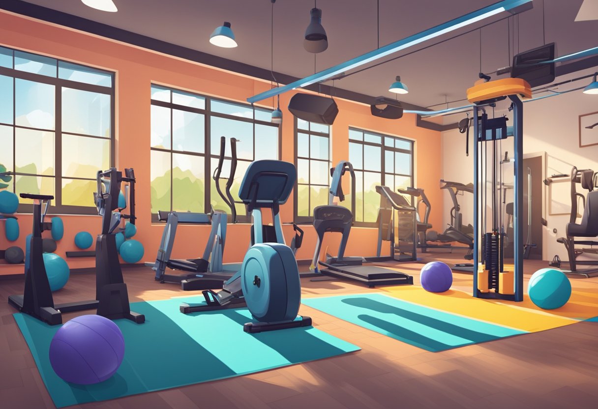 A gym setting with various advanced workout tools and equipment, such as resistance bands, medicine balls, and abdominal machines. Bright, energetic atmosphere with motivational posters and upbeat music