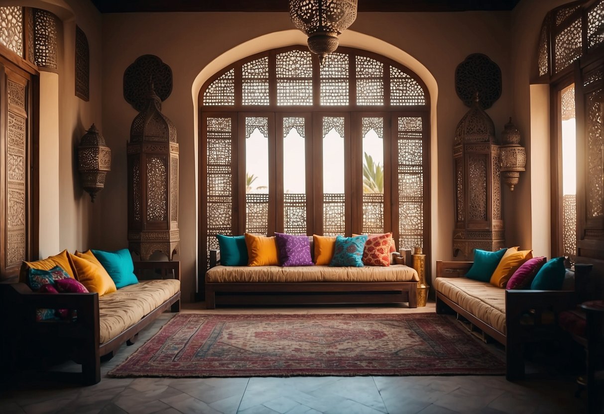 A traditional Arabic home with intricate mashrabiya screens, ornate lanterns, and colorful textiles