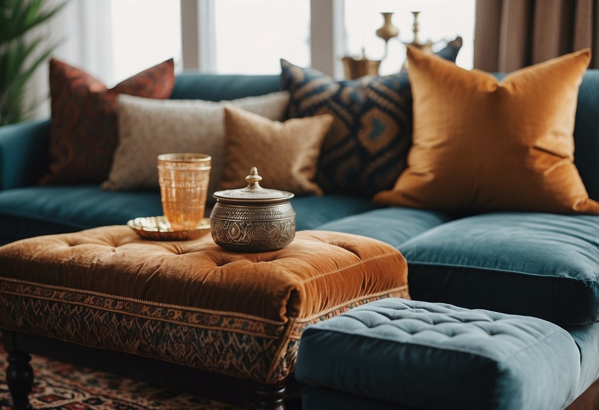 A cozy living room with colorful silk throw pillows on a plush sofa, surrounded by intricate Arabic home decor accents