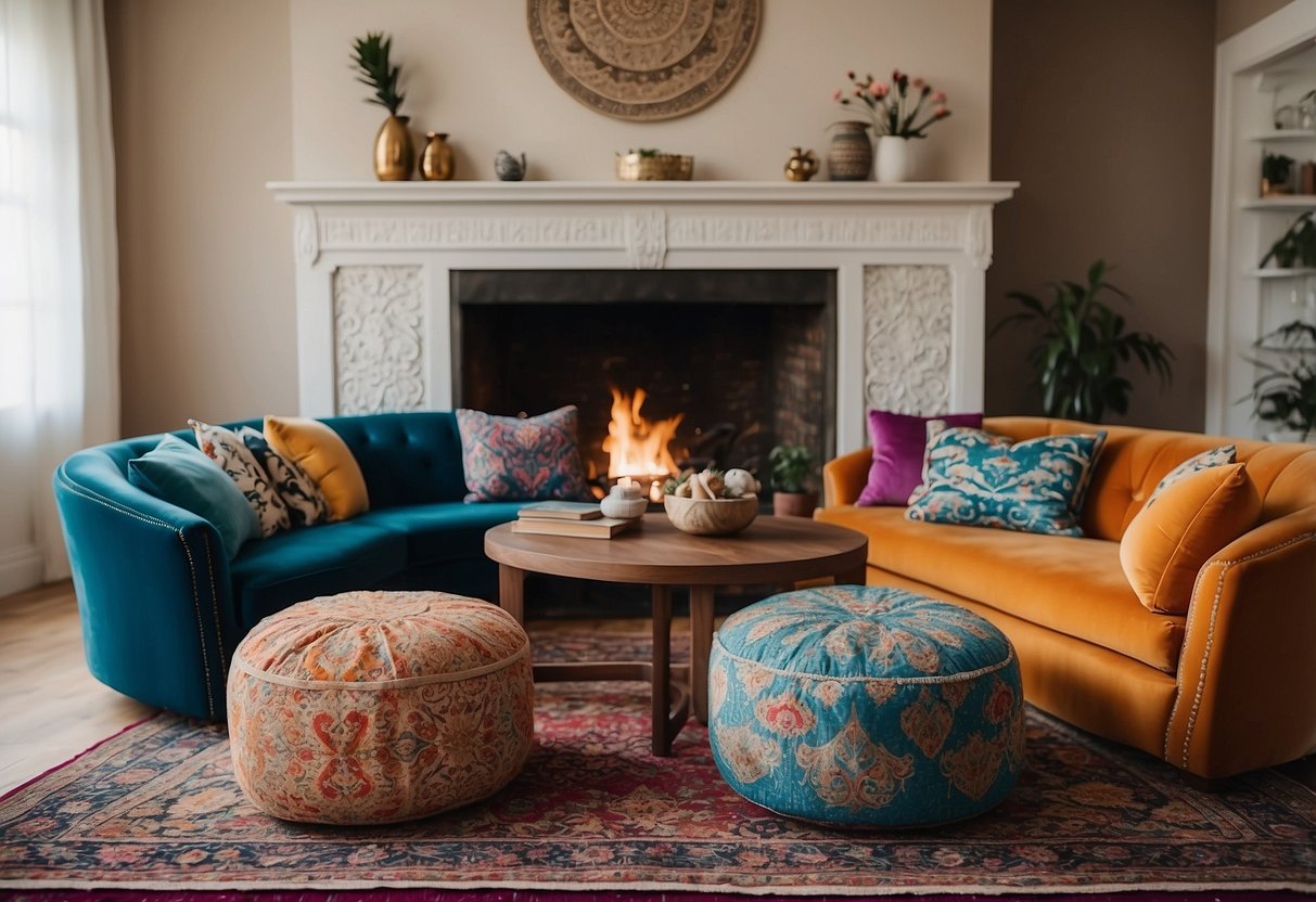 A cozy living room with vibrant colored Ottoman poufs, intricate Arabic patterns, and plush textiles