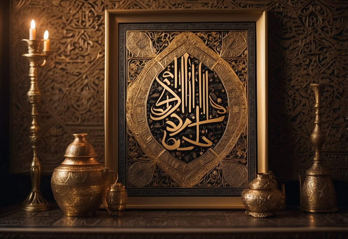 An ornate calligraphy print hangs on a wall, surrounded by Arabic home decor accents. Rich colors and intricate patterns create an inviting atmosphere