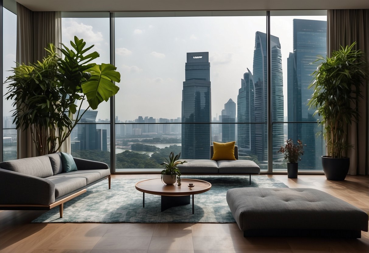 A modern living room with sleek furniture, vibrant accent colors, and botanical elements. A skyline view of Singapore can be seen through the floor-to-ceiling windows