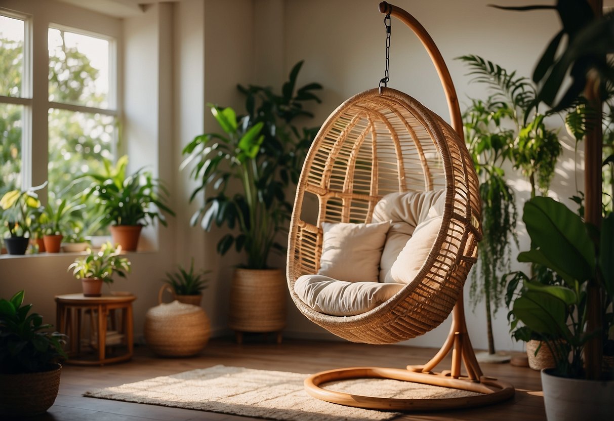 A rattan hanging chair suspended from a sturdy beam, adorned with colorful cushions and surrounded by lush green plants in a sunlit corner of a cozy living room