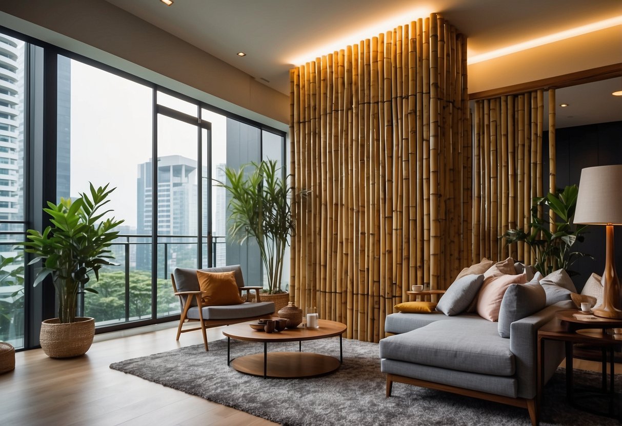 A bamboo room divider stands tall in a modern Singapore home, adding a touch of natural elegance to the decor