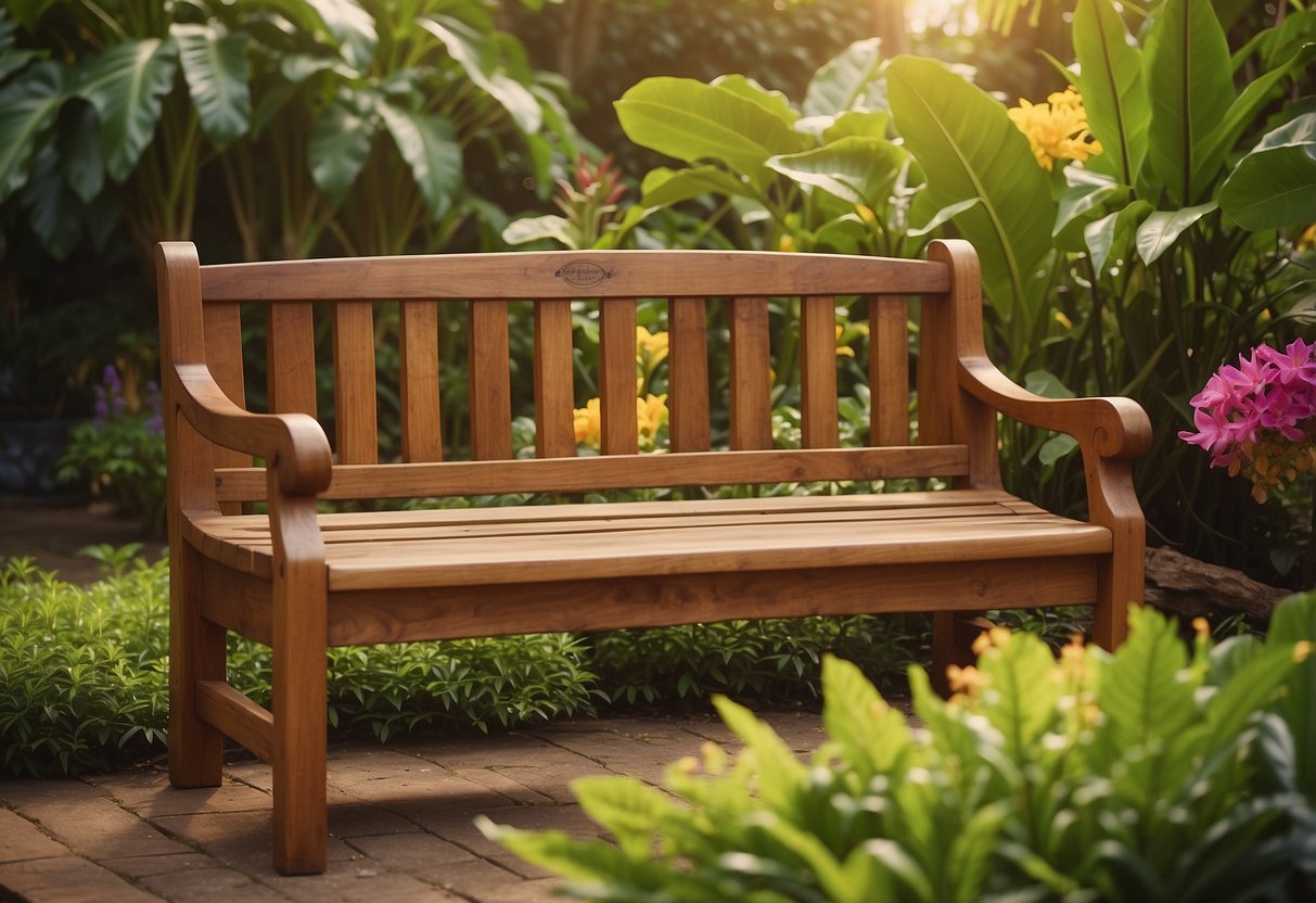 A Batavian teak bench sits in a lush garden, surrounded by tropical plants and colorful flowers. The warm sunlight casts a soft glow on the beautiful wood, creating a tranquil and inviting atmosphere