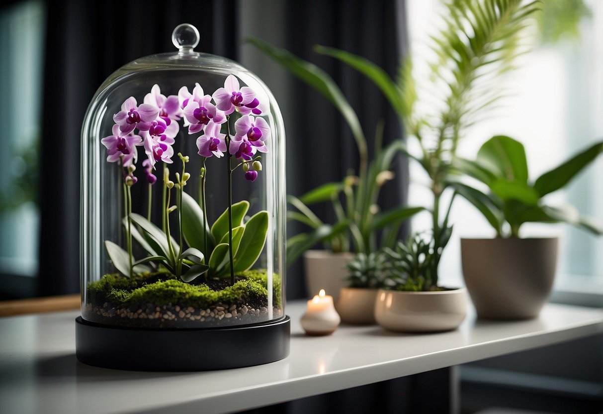 A glass terrarium filled with vibrant orchids sits on a sleek, modern Singaporean home decor shelf