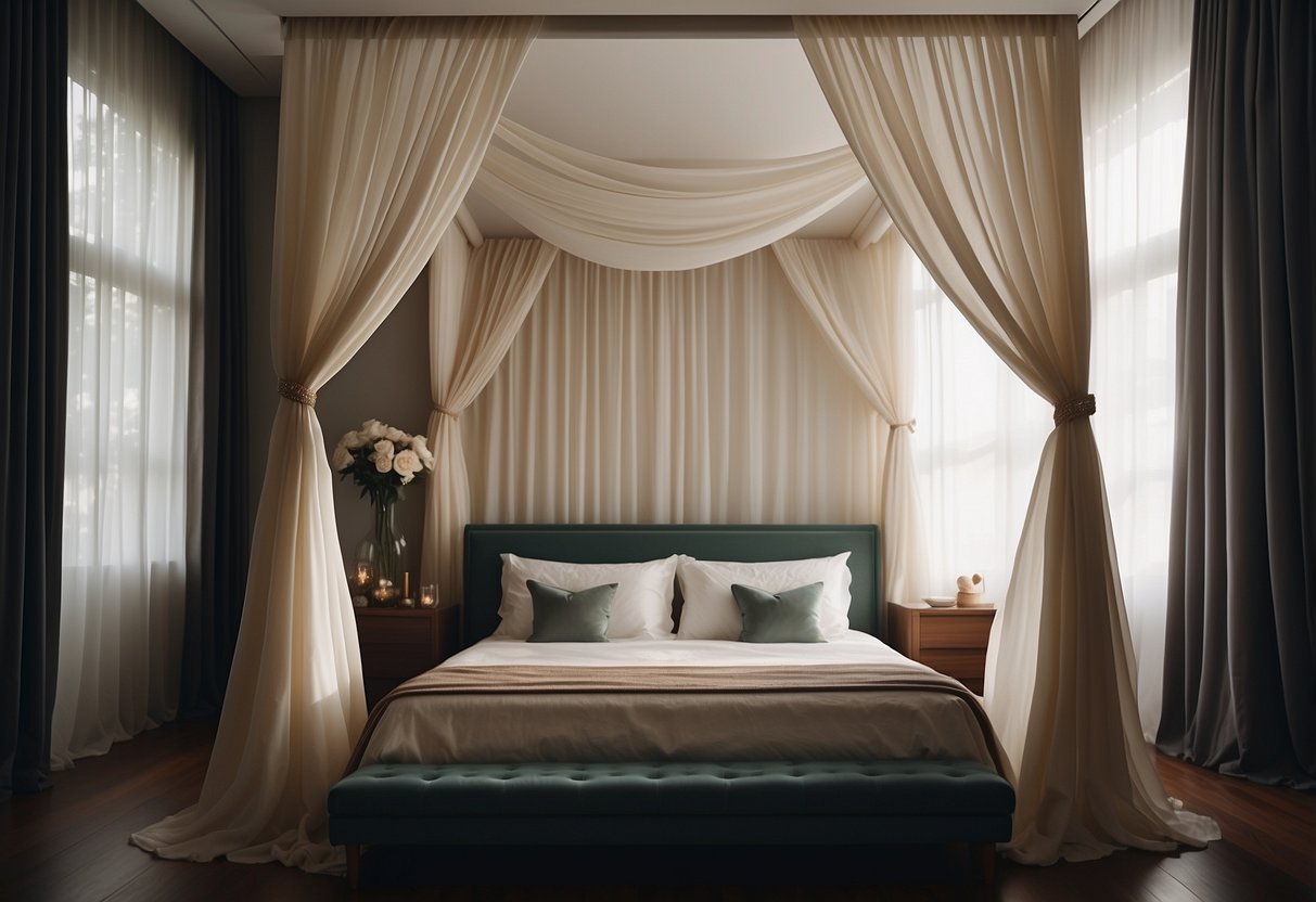 A luxurious canopy bed with sheer curtains draping down, creating an elegant and tranquil atmosphere in a Singaporean home