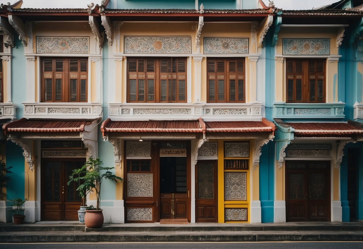 A traditional Singapore shophouse with intricate prints and vibrant colors, showcasing heritage home decor ideas